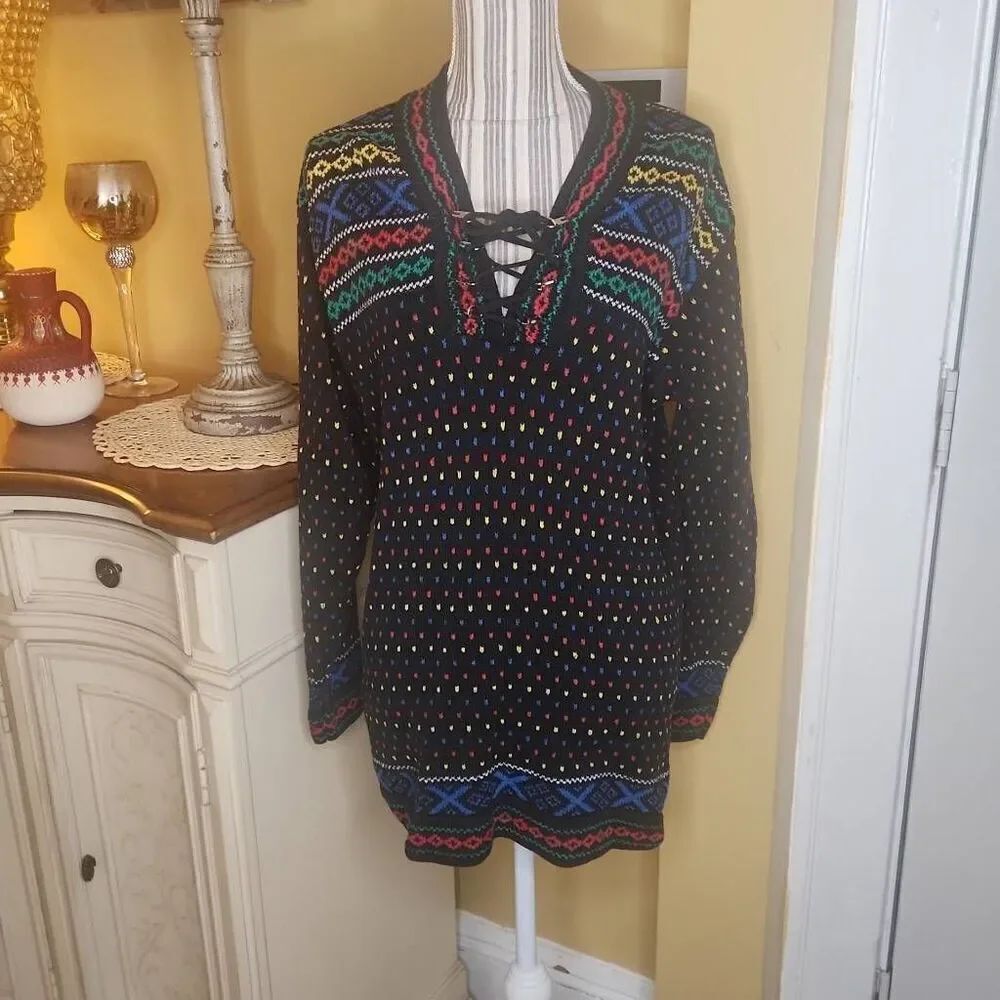 Vintage Lizwear black multicolor long sweater women's size S